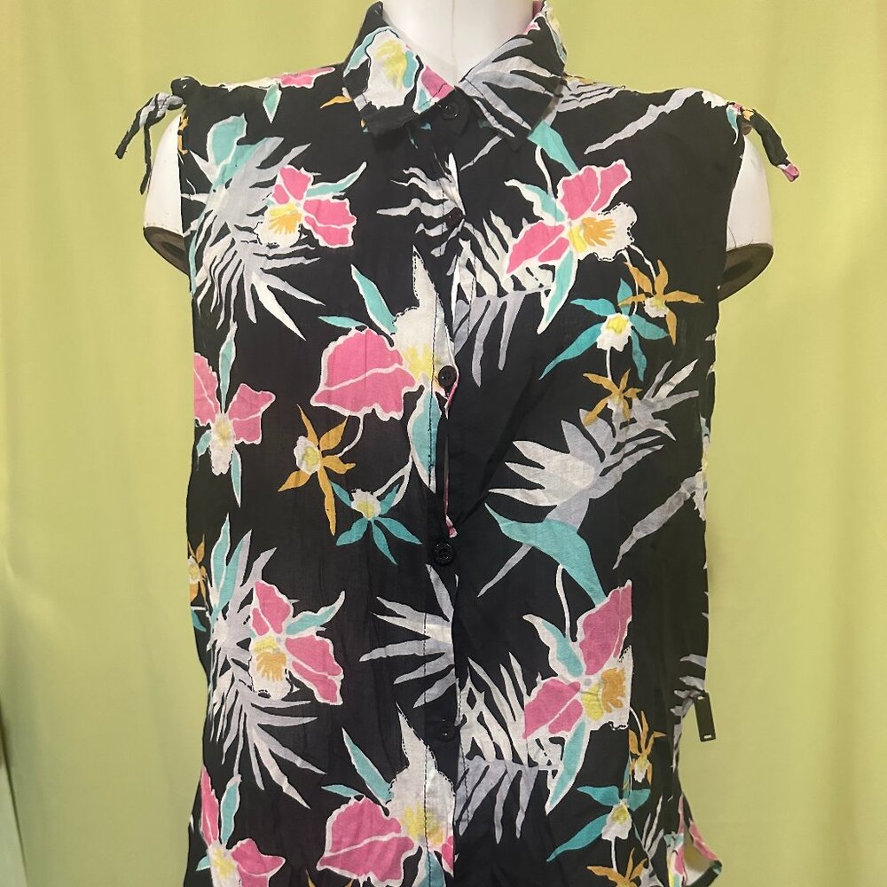 Stussy Women's Floral Black Sleeveless Button Front Shirt Medium Cotton
